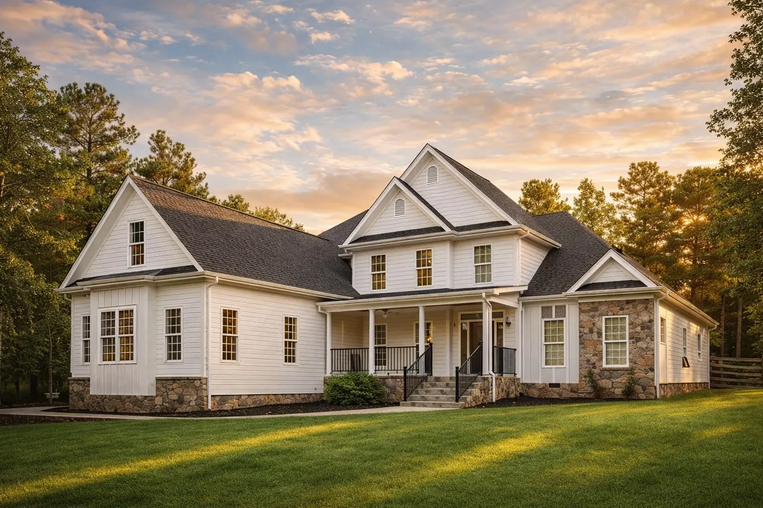 Front exterior of a New American modern traditional house featuring horizontal siding, stone accents, gabled rooflines, and a covered front porch