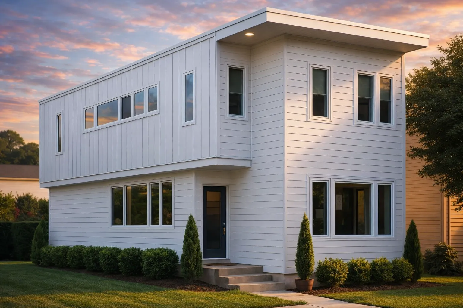 Front view of a modern contemporary house featuring metal panel siding above horizontal lap siding with clean geometric lines