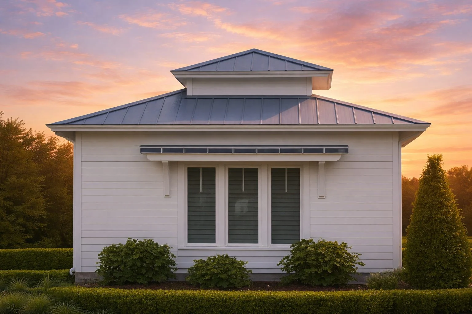 Front exterior view of a Traditional New American style carriage house garage with horizontal lap siding, standing seam metal roof, and symmetrical design