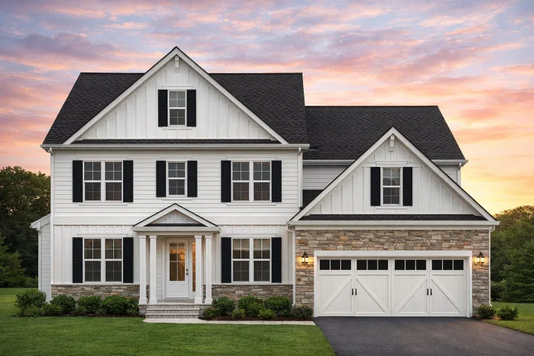 Front elevation of modern farmhouse home with white board and batten siding, brick base, gabled rooflines, and two-car garage