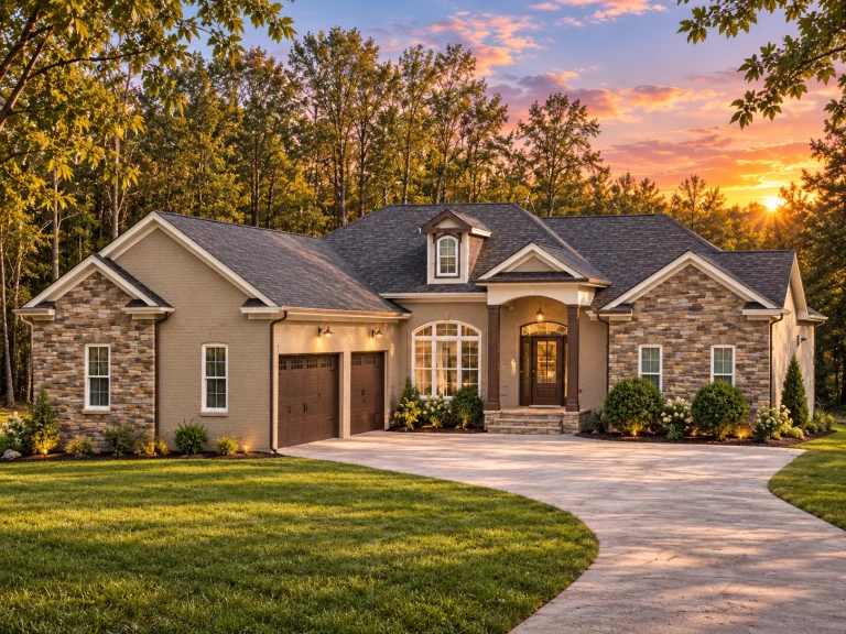 Front elevation of a Traditional Ranch style home featuring a full stone exterior, arched entryway, and symmetrical windows