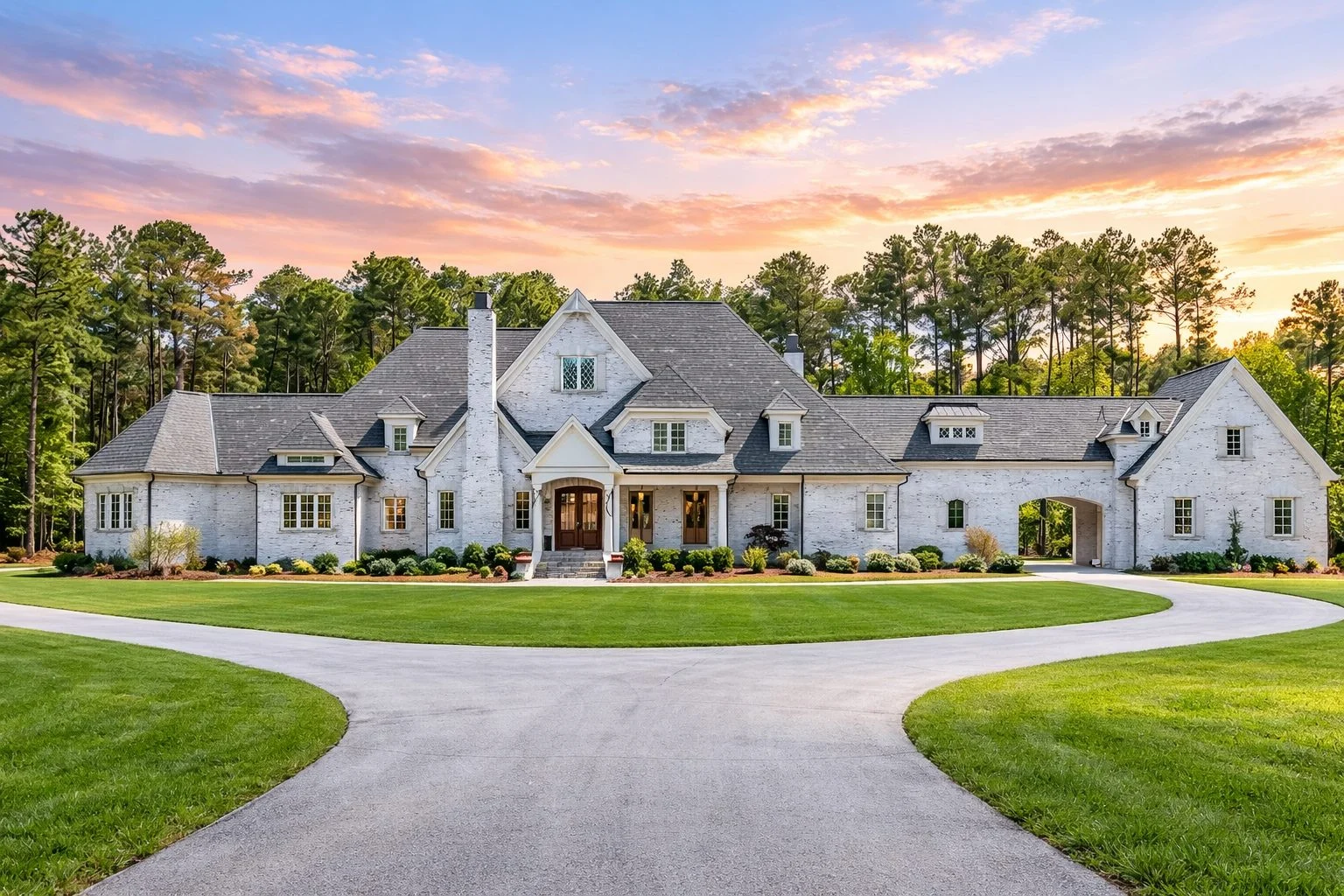 Front elevation of a Traditional New American suburban house featuring stone entry, painted brick accents, lap siding, and a symmetrical roofline