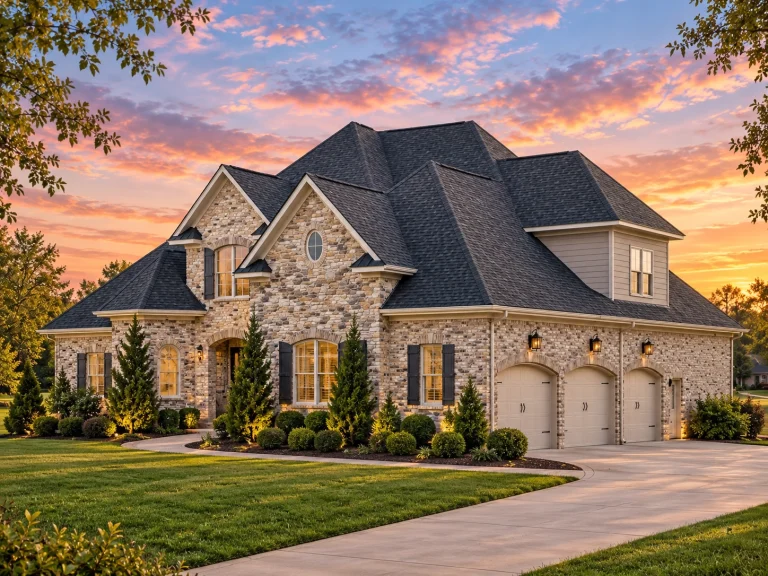 Front elevation of French Country style home with full stone exterior, steep hipped roof, arched entry, and three-car garage