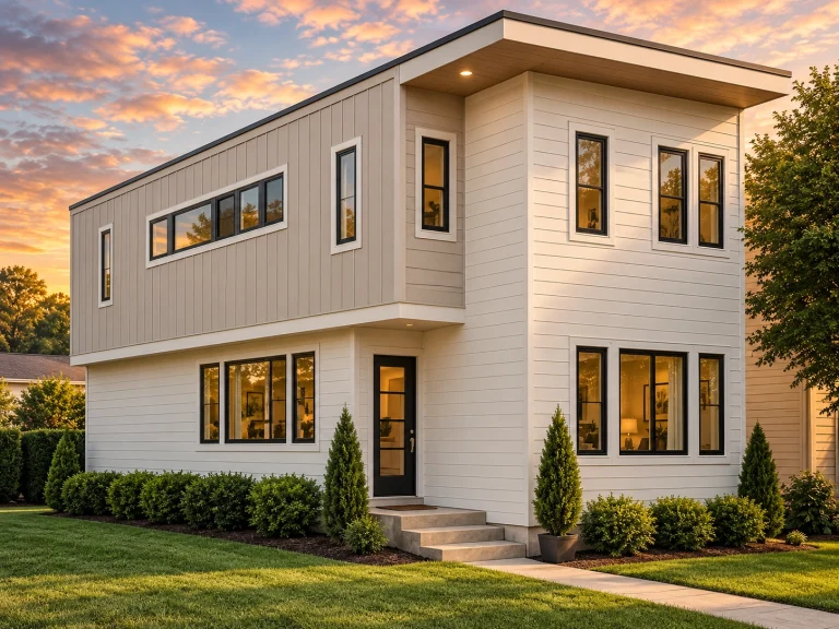 Front view of a modern contemporary house featuring metal panel siding above horizontal lap siding with clean geometric lines
