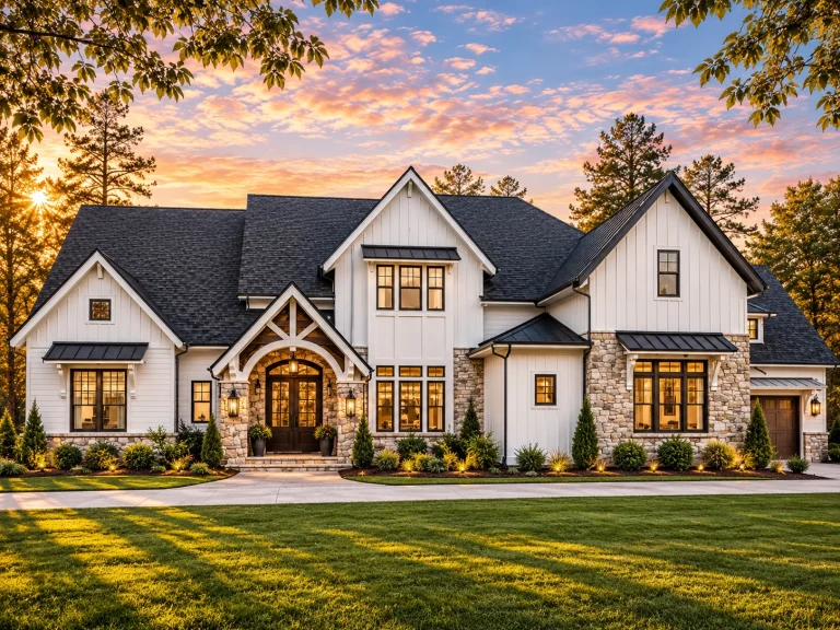 Front elevation of a modern farmhouse home with white board-and-batten siding, stone accents, steep gables, and a covered entry.