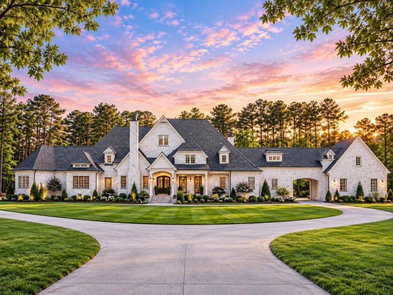 Front elevation of a Traditional New American suburban house featuring stone entry, painted brick accents, lap siding, and a symmetrical roofline