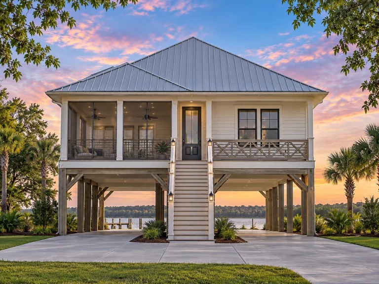 House Plans with Walk-In Pantry 17 Front elevation of a Low Country Cottage style home with horizontal siding, raised foundation, metal roof, and inviting front porch