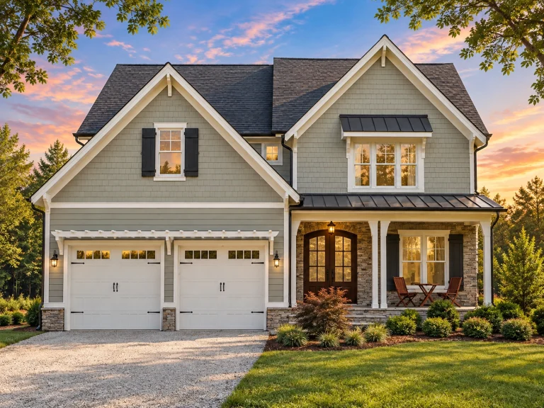 Front view of a Transitional Craftsman style house featuring gray shake siding, stone columns, board and batten trim, and a welcoming covered porch entry
