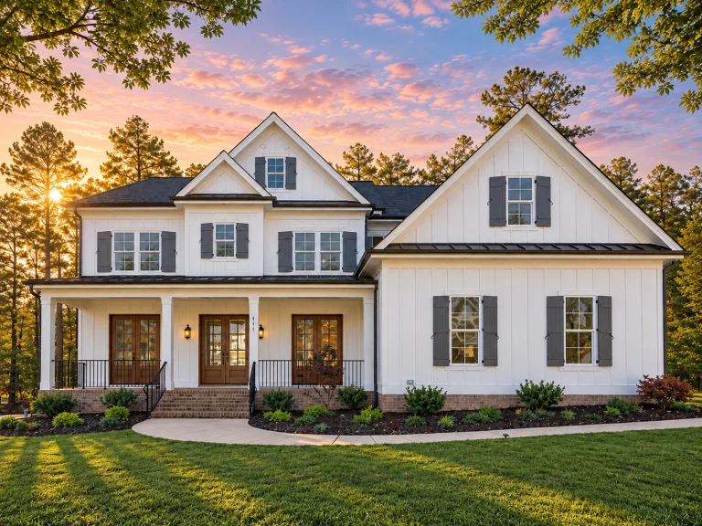 Front elevation of a Modern Farmhouse style home featuring white board and batten siding, gabled rooflines, black shutters, and a welcoming covered front porch