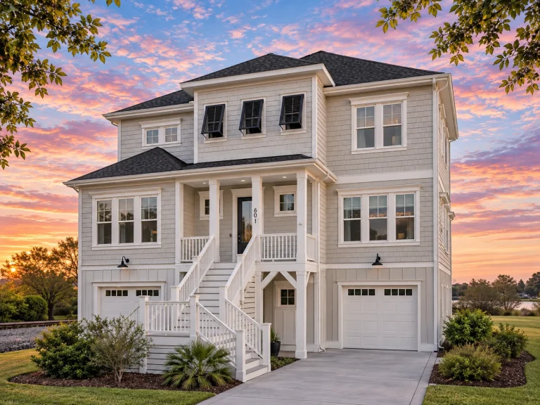 Ranch House Plans 21 Front exterior of elevated coastal beach house with horizontal lap siding, double stair entry, covered porch, and ground-level garages