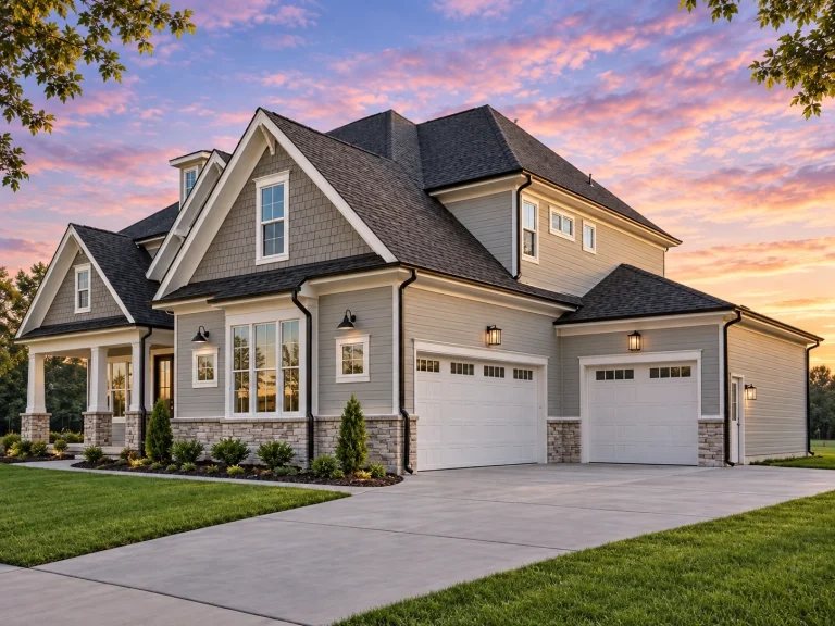 House Plans with Fireplace 10 Front exterior view of a New American Coastal Traditional house featuring shingle siding, symmetrical windows, and classic gabled rooflines