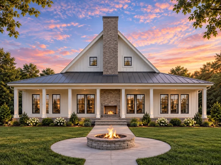 Modern Farmhouse House Plans 2 Front view of a Modern Farmhouse Cottage featuring classic board and batten siding, black shutters, and a wide covered porch surrounded by greenery