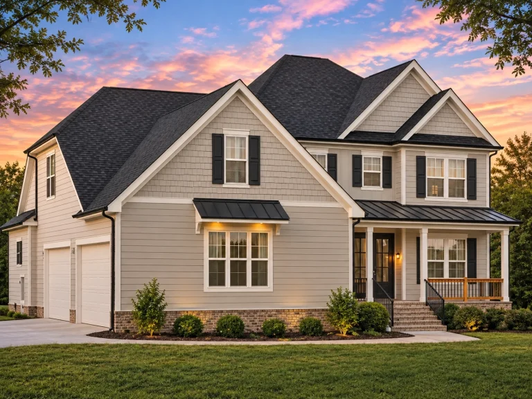 House Plans with Second Floor Laundry Room 12 Front elevation of Traditional Colonial home with horizontal lap siding, stone veneer base, symmetrical windows, and gabled roof