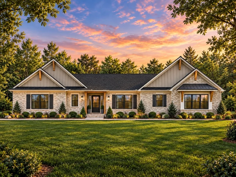 Front elevation of a Traditional Ranch style home with red brick exterior, board and batten gables, symmetrical windows, and simple covered entry