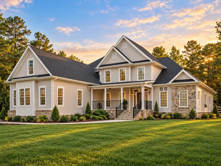 Front exterior view of a New American modern traditional house with horizontal siding, stone accents, gabled rooflines, and a welcoming covered porch