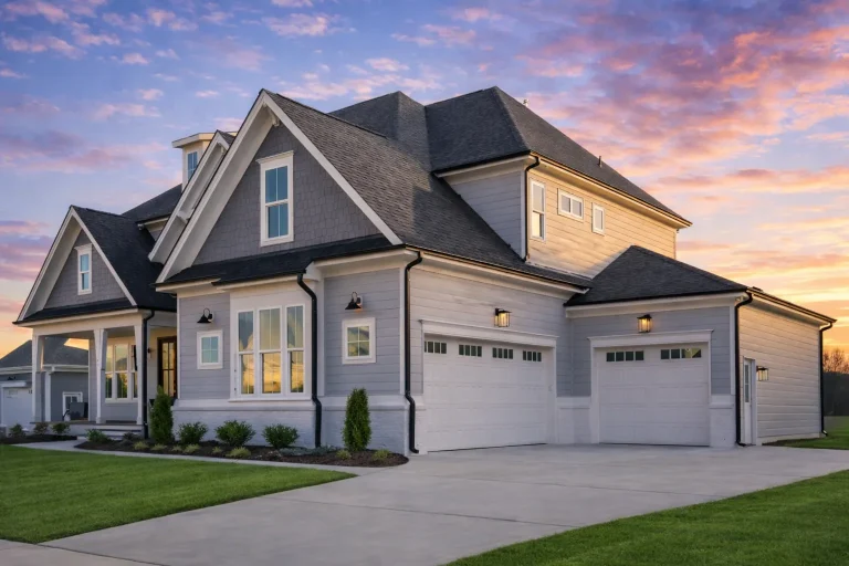 Front exterior view of a New American Coastal Traditional house featuring shingle siding, symmetrical windows, and classic gabled rooflines
