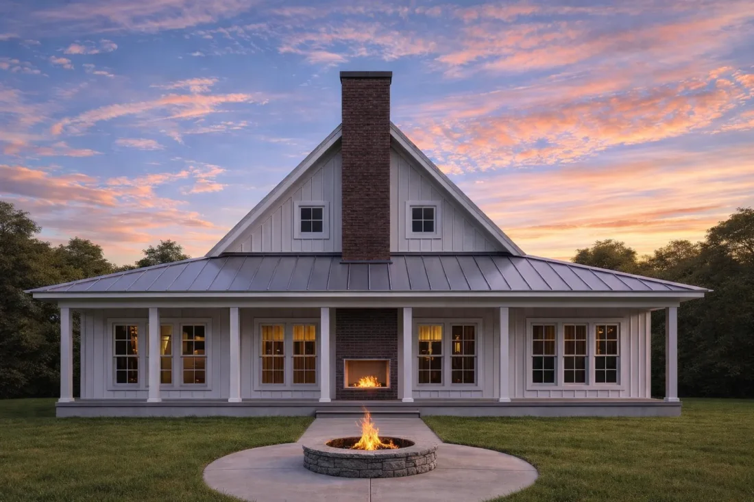 Front view of a Modern Farmhouse Cottage featuring classic board and batten siding, black shutters, and a wide covered porch surrounded by greenery