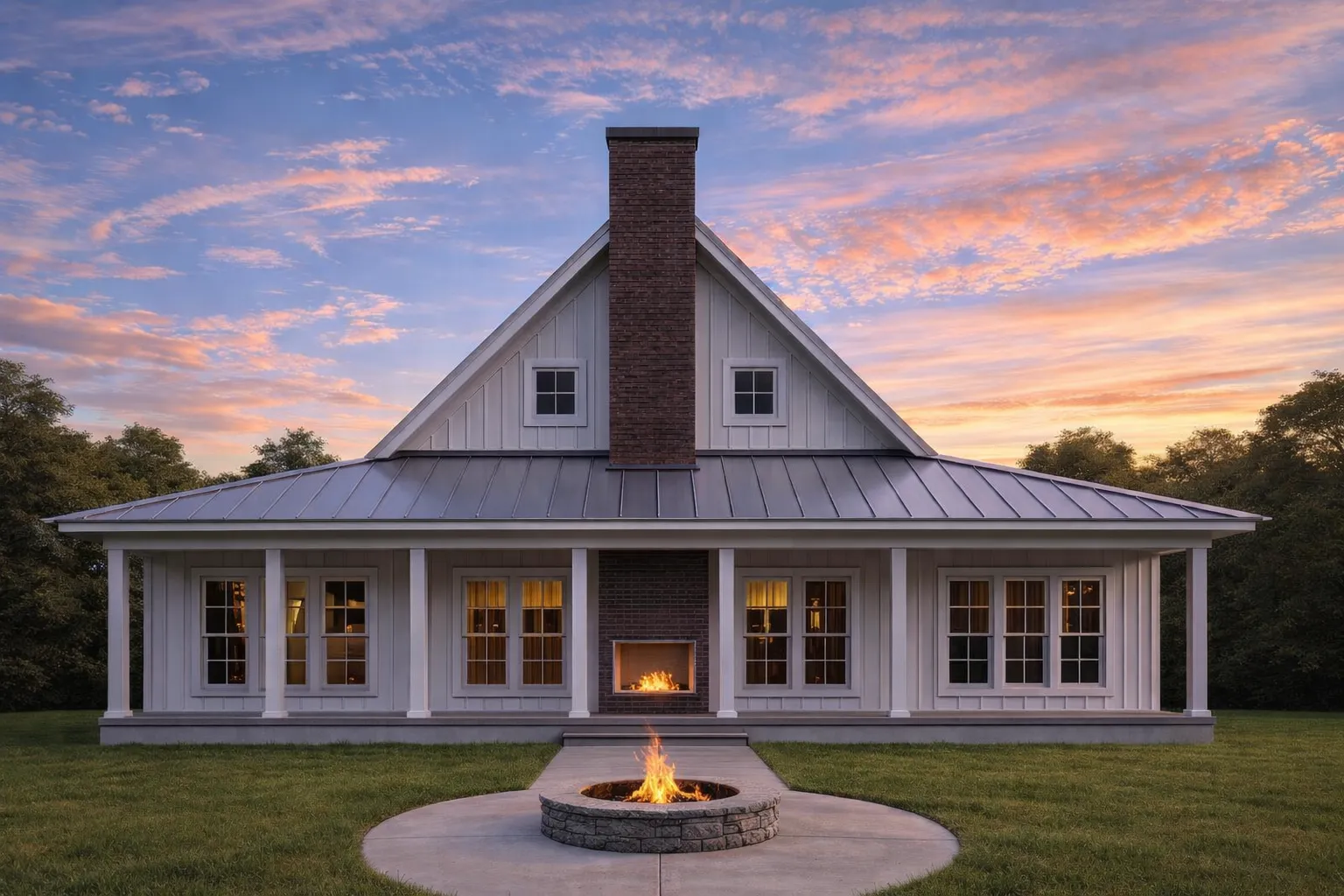 Front view of a Modern Farmhouse Cottage featuring classic board and batten siding, black shutters, and a wide covered porch surrounded by greenery