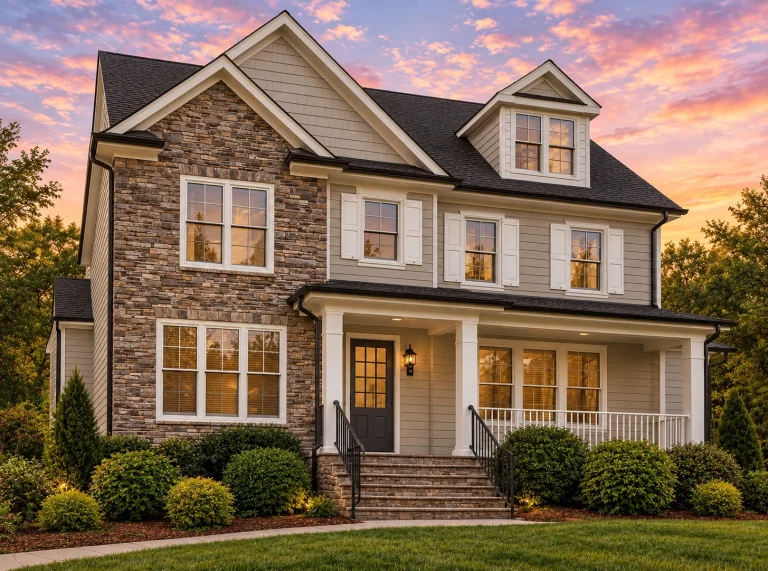 7 Bedroom House Plans 6 Front exterior view of a Modern Traditional New American house with stone accents, horizontal siding, and covered front porch