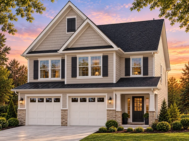 Courtyard House Plans 13 Front elevation of Traditional Suburban two-story home with horizontal lap siding, shake gable accents, covered porch, and two-car garage