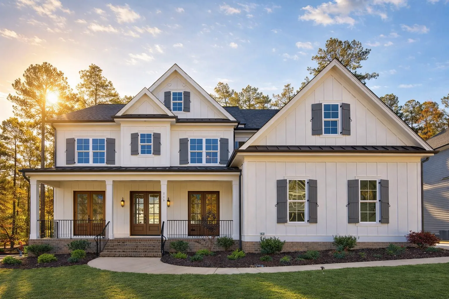 Front elevation of a Modern Farmhouse style home featuring white board and batten siding, gabled rooflines, black shutters, and a welcoming covered front porch