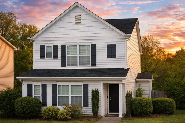 Front elevation of Neo-Colonial style two-story home with white lap siding, black shutters, and symmetrical facade