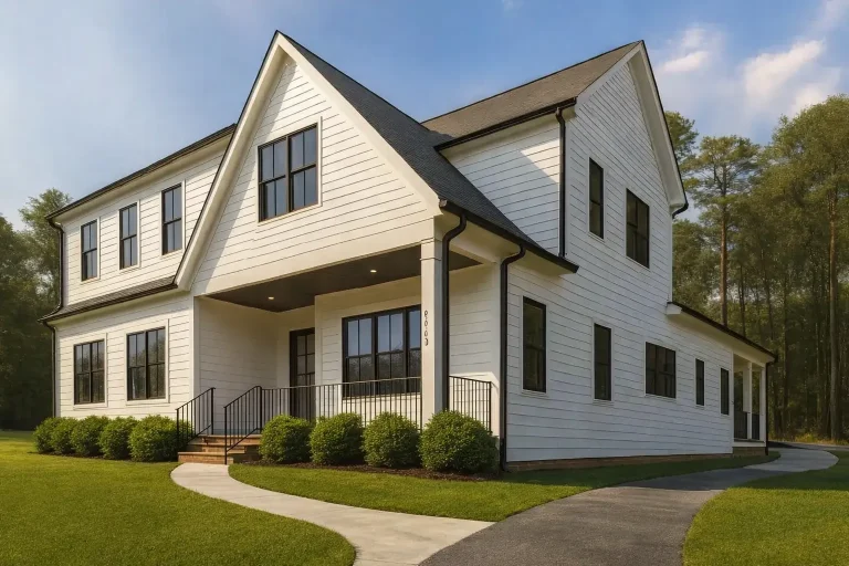 Front exterior view of a Modern Farmhouse style home featuring white horizontal siding, black windows, gabled rooflines, and a covered front porch