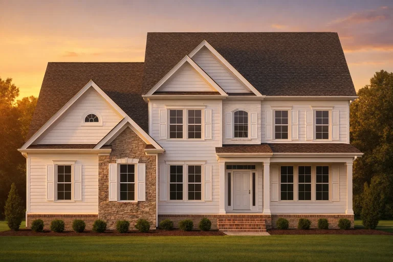 Front elevation of a Traditional Colonial style home with red brick exterior, white trim, multi-pane windows, and classic shutters