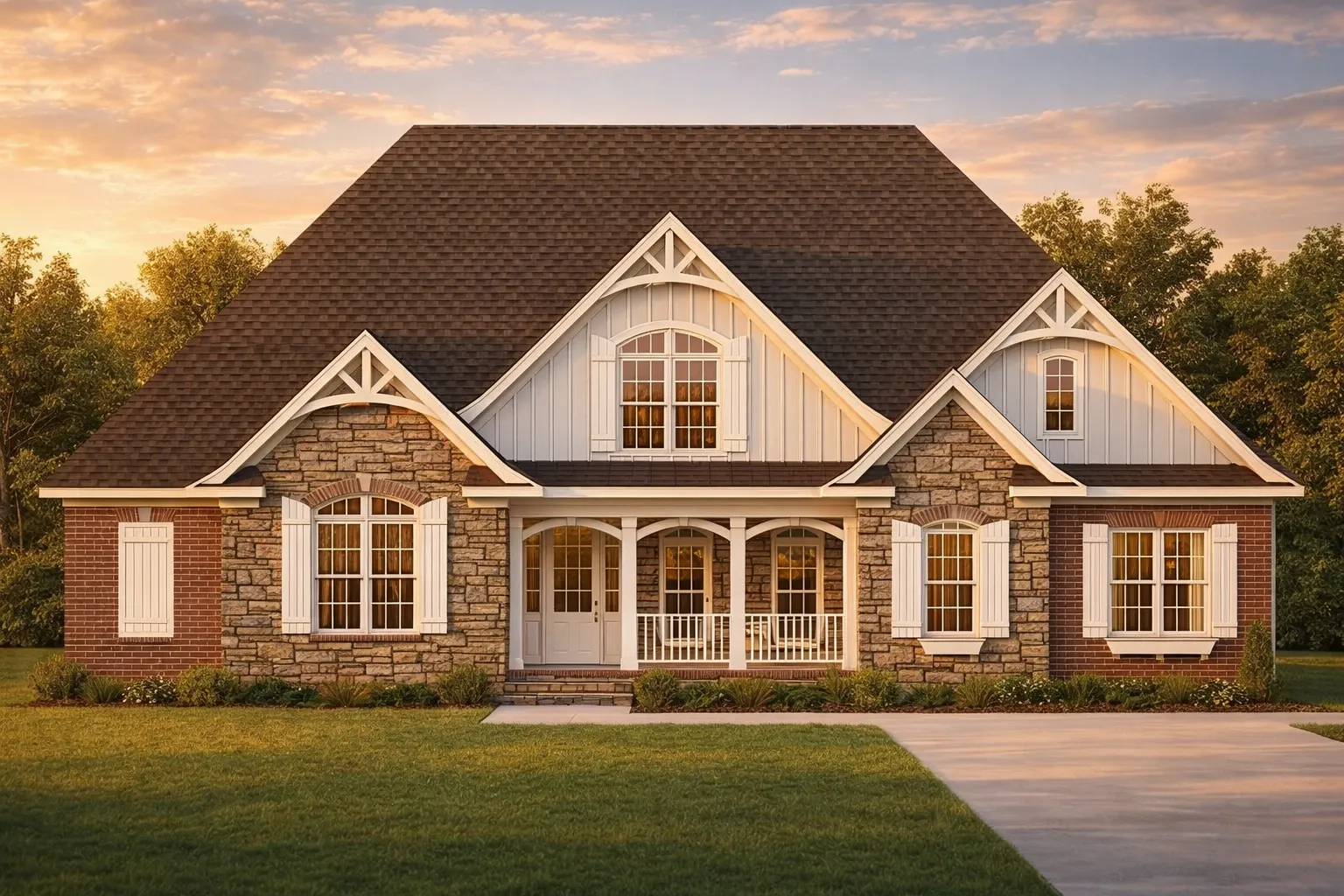 Front elevation of Traditional New American style home with brick and stone exterior, gabled rooflines, and covered front porch