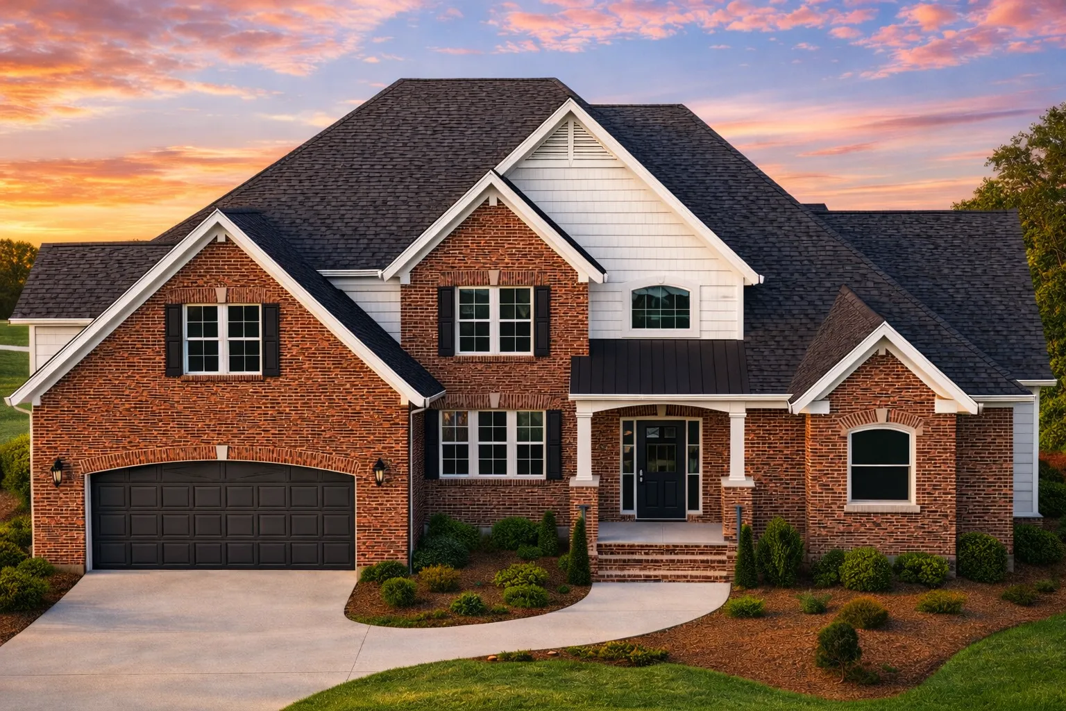 Front elevation of a Traditional New American style home featuring brick exterior, symmetrical windows, gabled rooflines, and attached garage