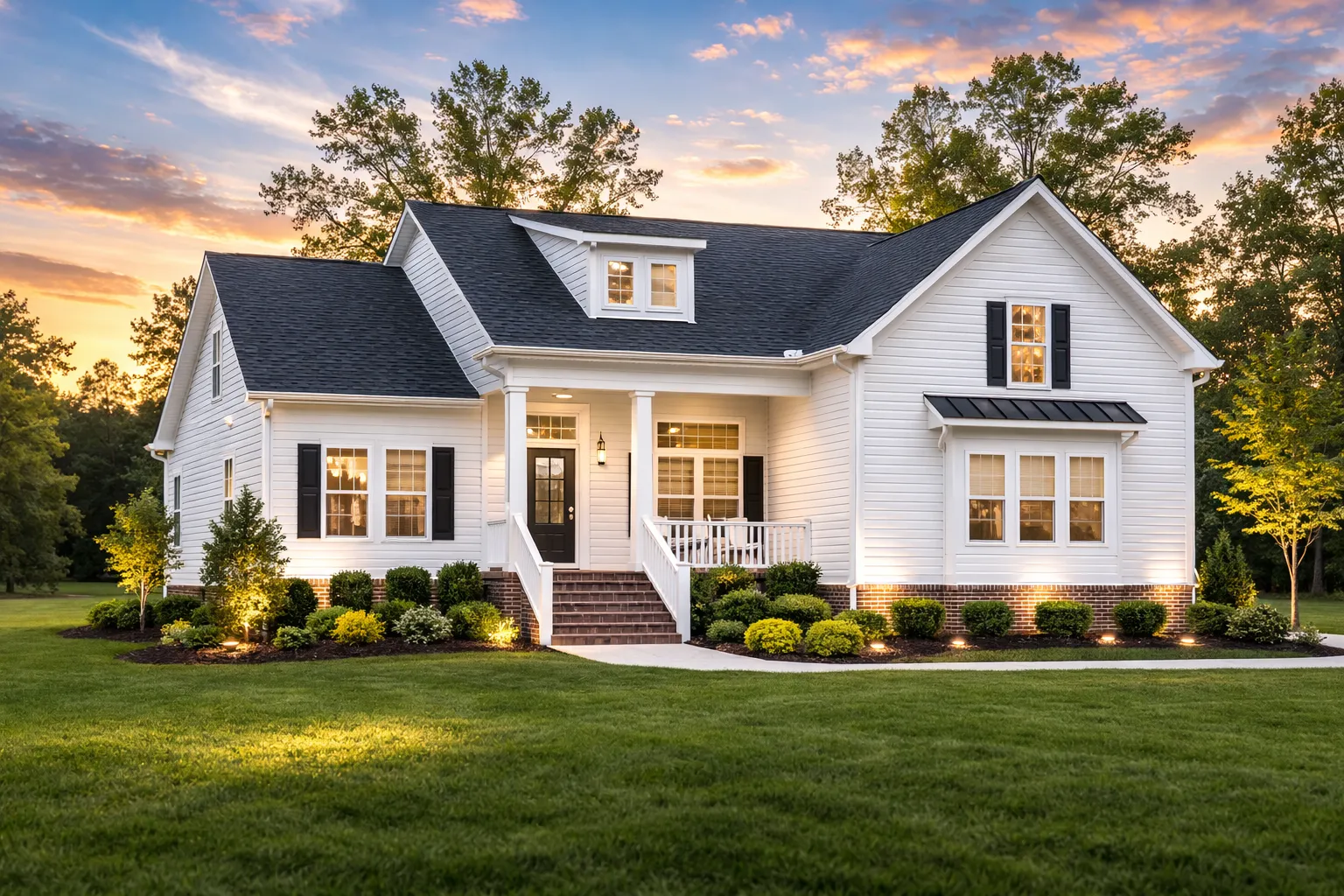 Front view of Traditional Colonial and Cape Cod style home with light siding, dormer window, and inviting covered porch entry