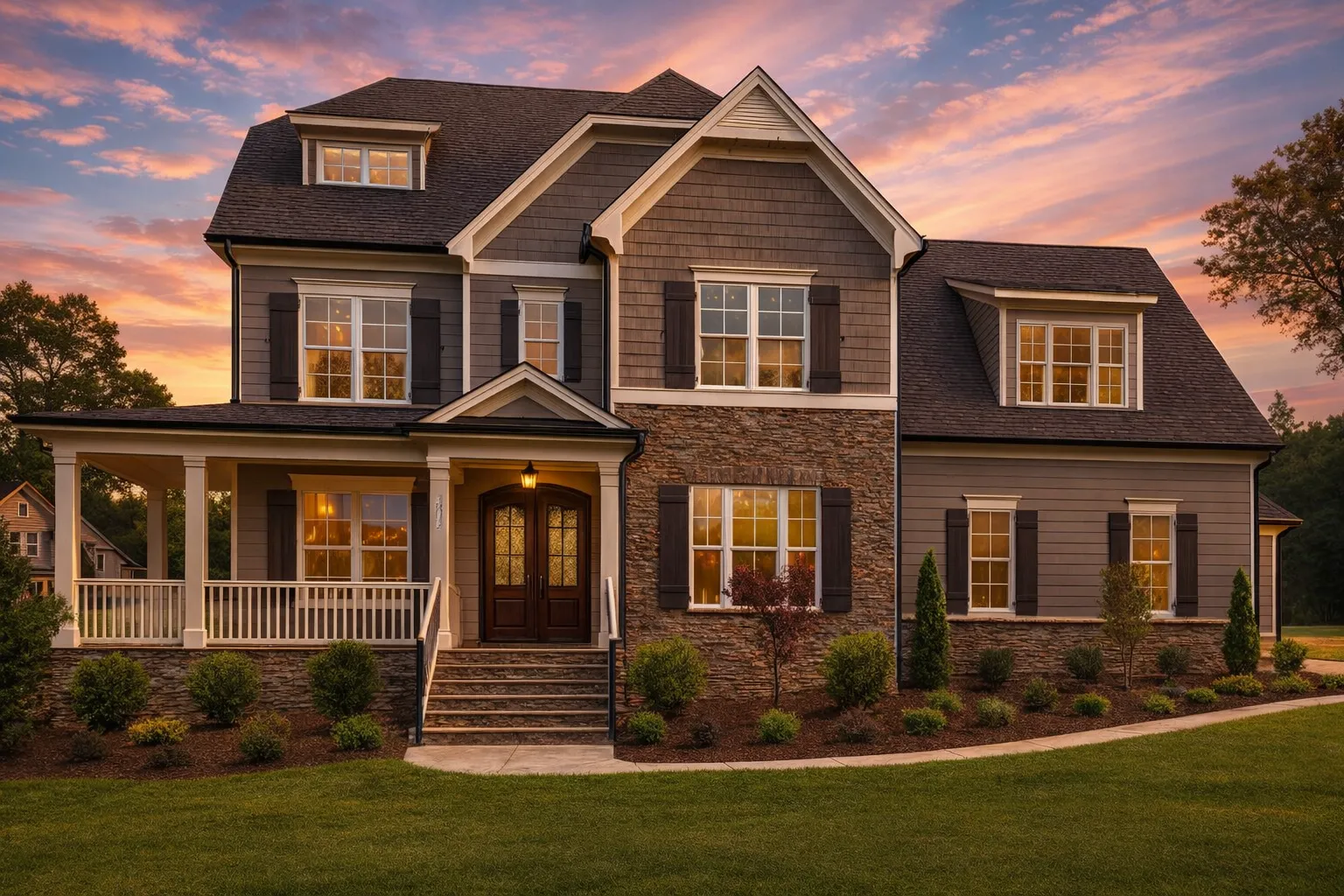 Front elevation of a New American Traditional style house with horizontal siding, stone exterior accents, and a welcoming covered front porch