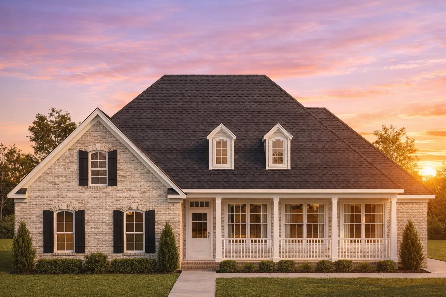 Front view of a Traditional Ranch style house with Colonial influence, featuring a full brick exterior and inviting front porch.