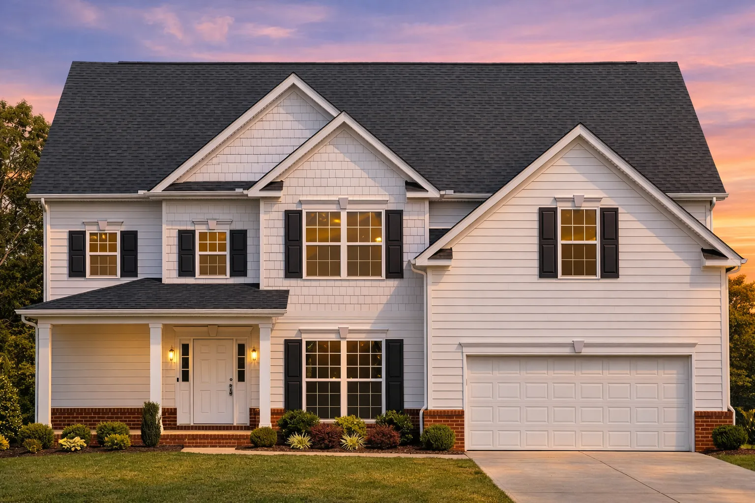 Front elevation of a New American traditional two-story house featuring horizontal siding, stone veneer accents, black shutters, and a front-entry garage