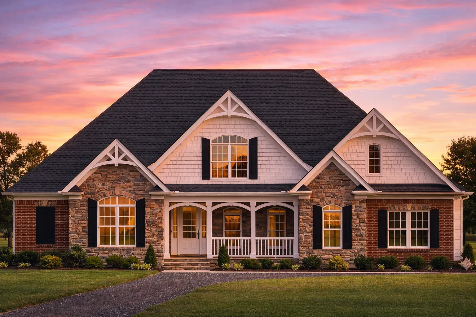 Front elevation of Traditional New American style home with brick and stone exterior, gabled rooflines, and covered front porch