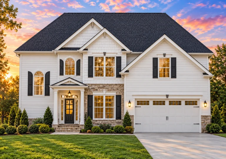House Plans with Wraparound Porch 17 Front elevation of a New American traditional two-story house featuring horizontal siding, stone veneer accents, black shutters, and a front-entry garage