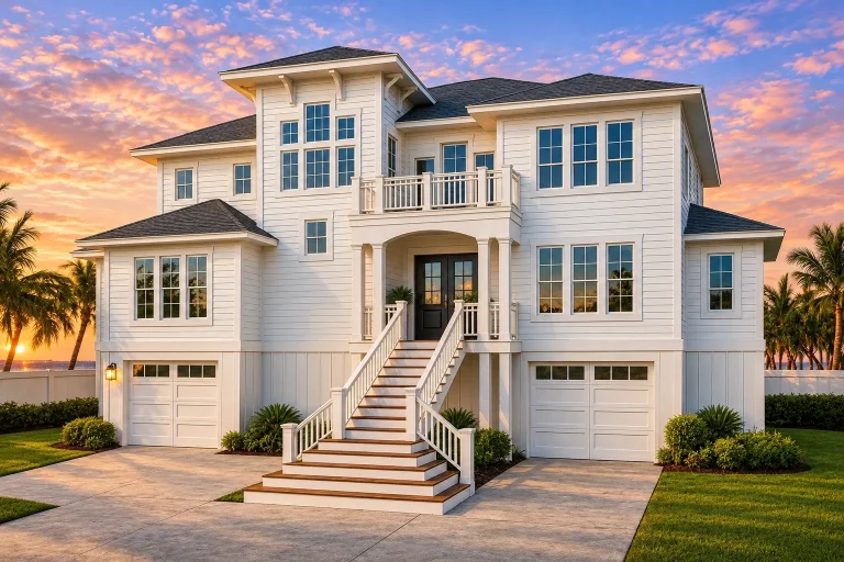 Cottage House Plans 14 Front exterior view of an elevated Coastal Beach House with horizontal siding, board-and-batten accents, covered porches, balconies, and a raised foundation design