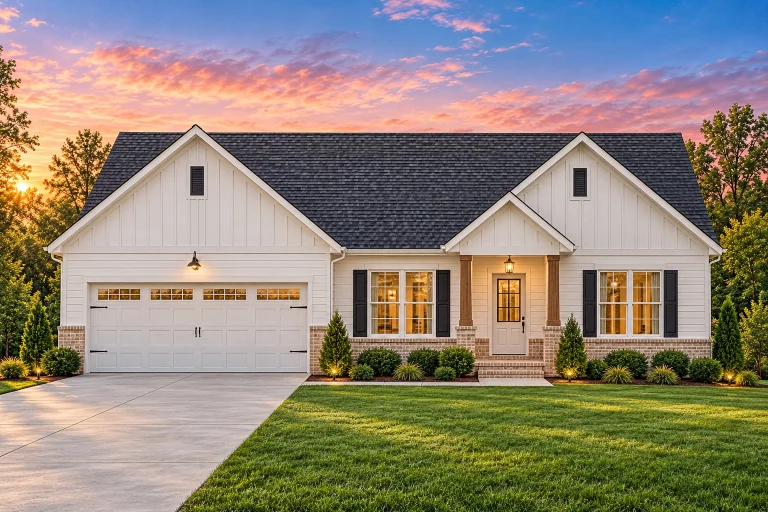 Front elevation of a Traditional Ranch Craftsman style home featuring stone accents, horizontal siding, and green shutters with a welcoming covered porch.