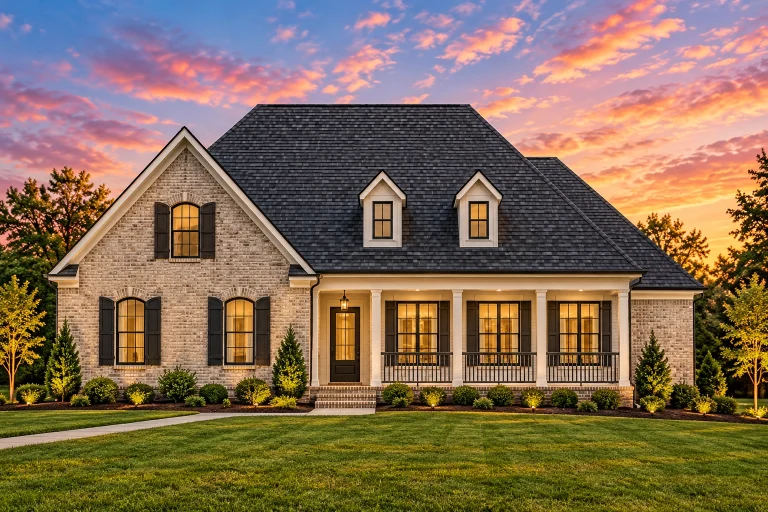 Modern Farmhouse House Plans 20 Front view of a Traditional Ranch style house with Colonial influence, featuring a full brick exterior and inviting front porch.