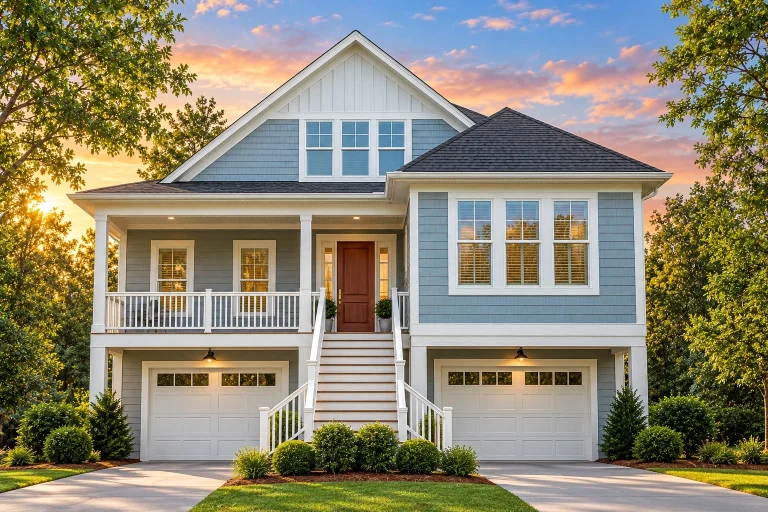 House Plans with Recreation Room 10 Front elevation of a Coastal Low Country style home with raised foundation, horizontal siding, covered porch, and dual garages