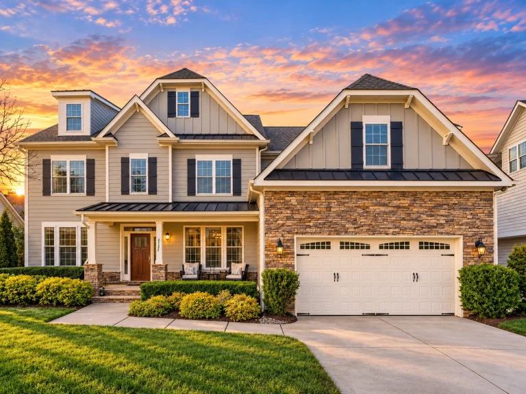 Front elevation of a New American style home with horizontal siding, stone accents, symmetrical windows, and classic suburban curb appeal