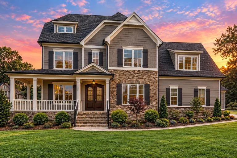 Front elevation of a New American Traditional style house with horizontal siding, stone exterior accents, and a welcoming covered front porch