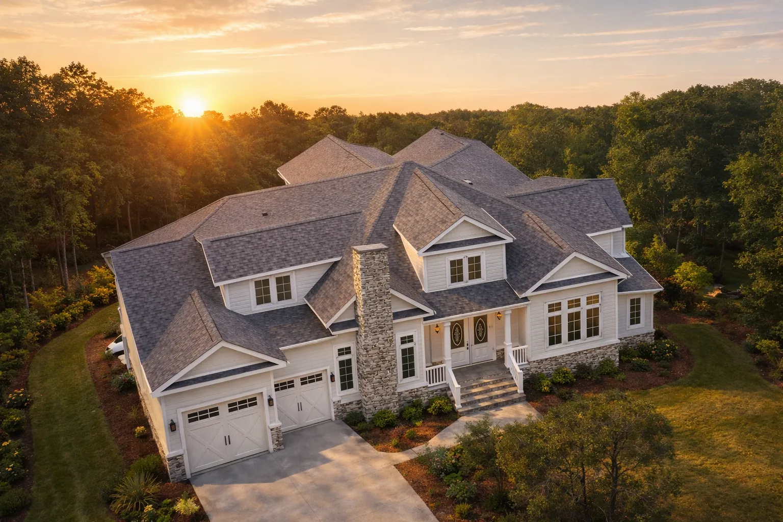Front elevation of a New American modern traditional home with horizontal siding, stone chimney, covered porch, and attached garage