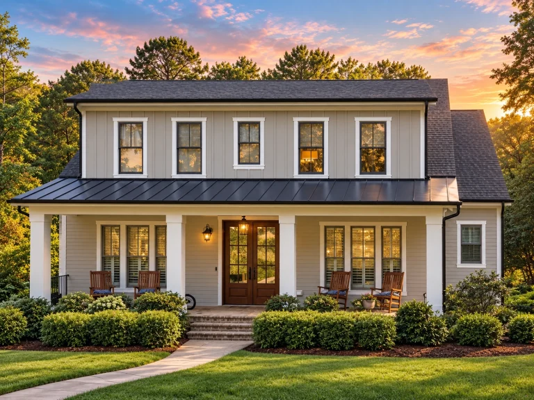 Front elevation of a Southern Colonial style home with symmetrical windows, lap siding, metal porch roof, and covered front porch