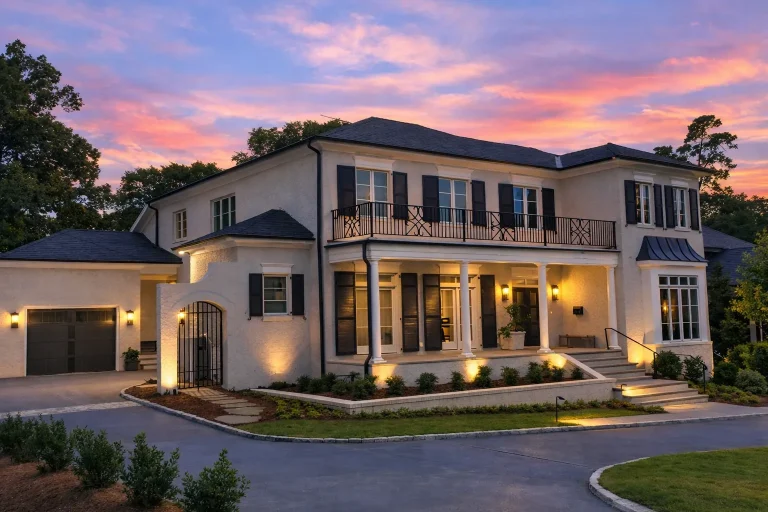 Front elevation of a Georgian Colonial style home featuring a full brick exterior, classical columns, symmetrical windows, and a two-story covered porch