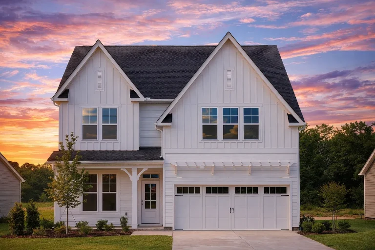 Front elevation of a New American modern farmhouse style home with board and batten siding, stone accents, gabled rooflines, and attached two-car garage