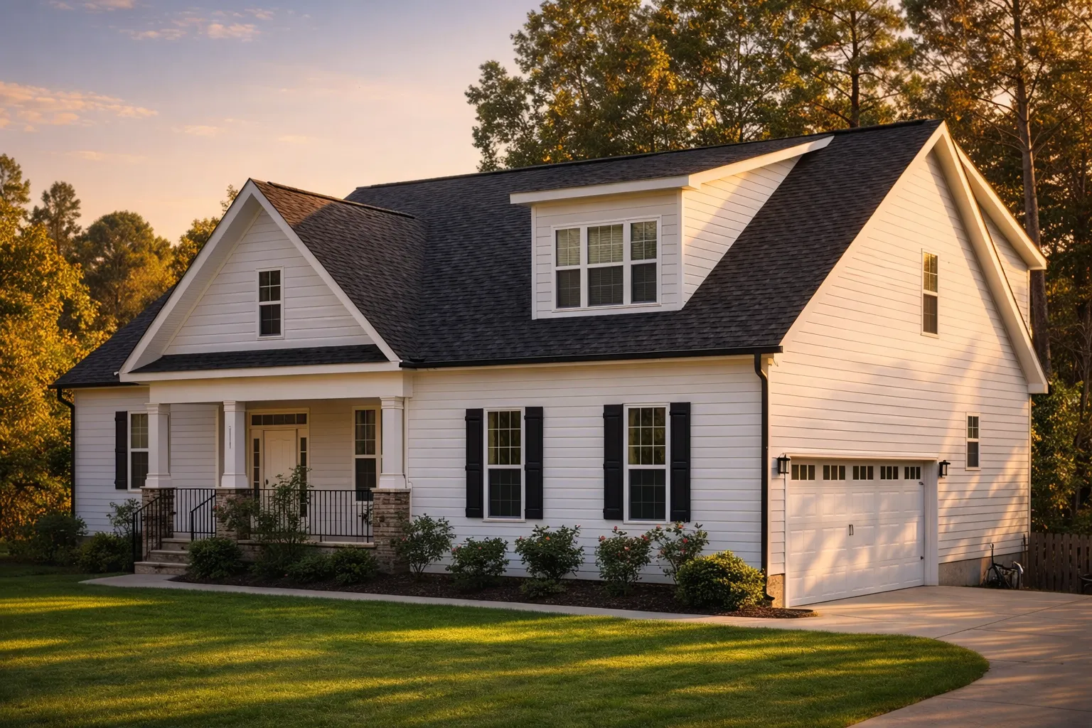 Front elevation of a Traditional Farmhouse style home featuring horizontal lap siding, brick foundation accents, and a welcoming covered porch