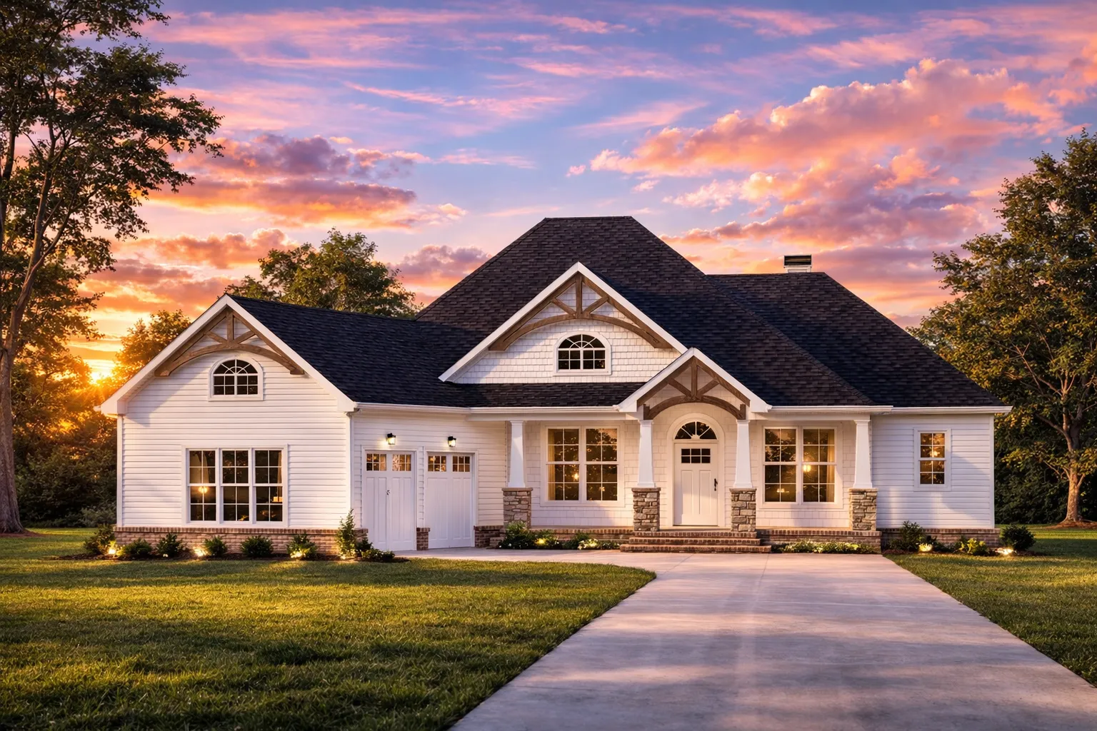 Front elevation of a New American style home with stone veneer, horizontal siding, arched entry, and classic Craftsman detailing