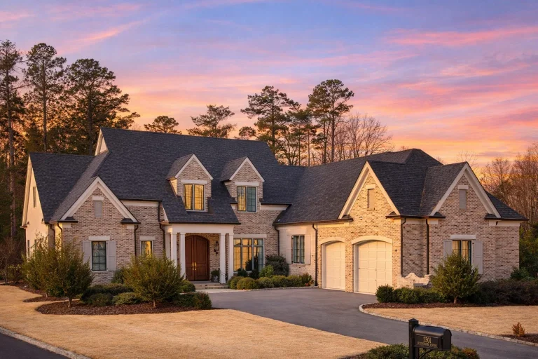Front elevation of French Country style home with brick and stone exterior, steep gables, shutters, and arched wood entry door