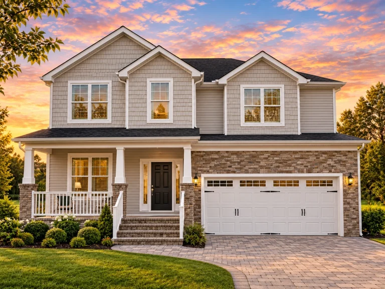 House Plans with Spacious Laundry Room 8 Front elevation of a New American Traditional Suburban house featuring horizontal siding, stone veneer, brick accents, covered porch, and attached two-car garage